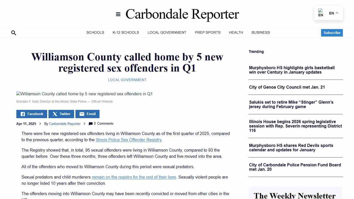 Williamson County called home by 5 new registered sex offenders in Q1 - Carbondale Reporter
